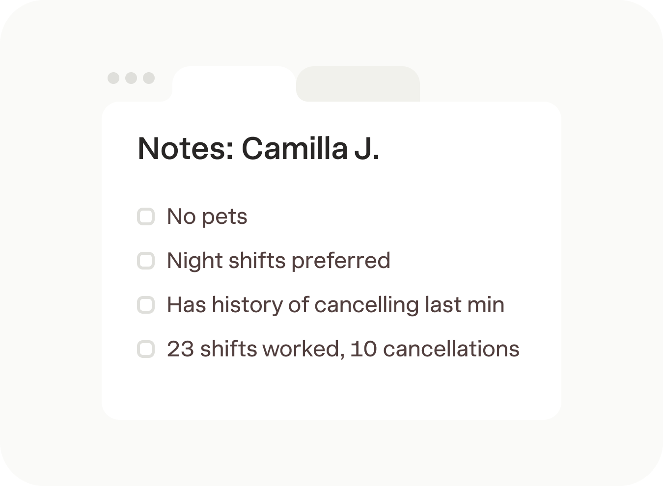 Staff notes showing detailed caregiver preferences and history