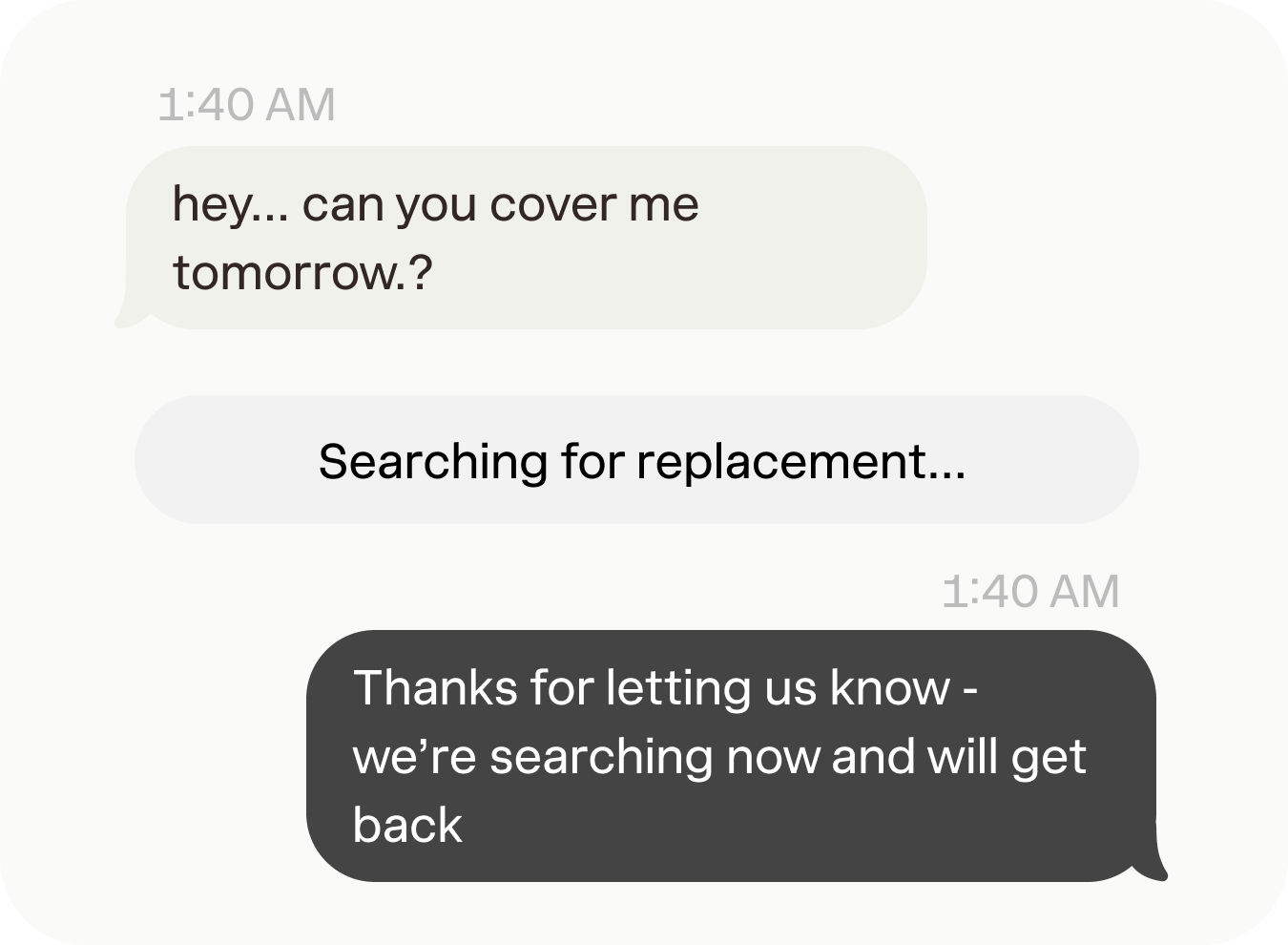 Late night coverage message showing automated replacement search
