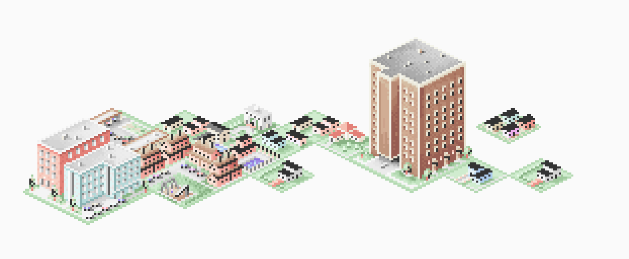 An isometric illustration of a cityscape with homes